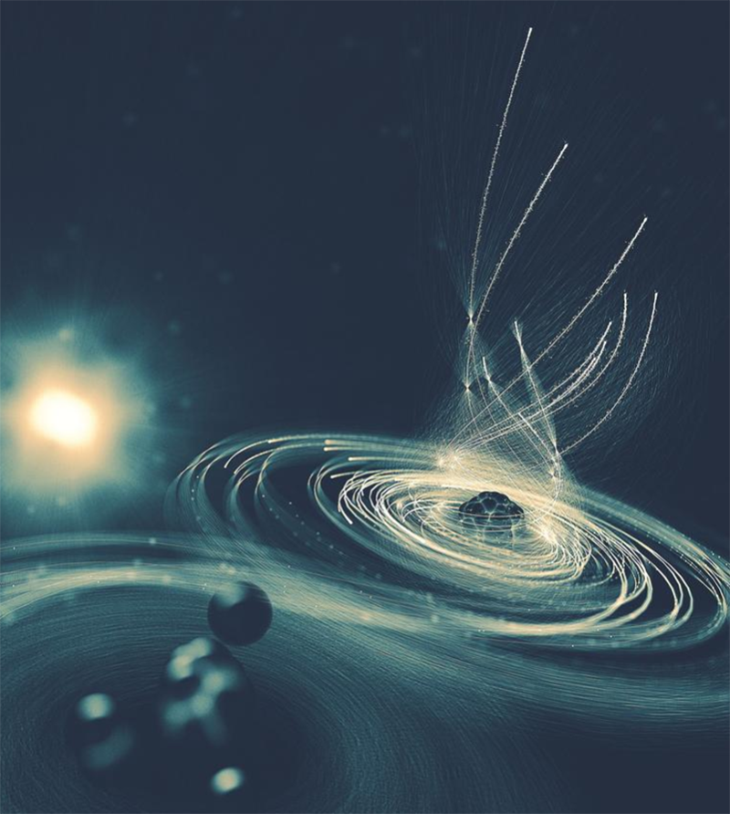 Ilustración artística que muestra como el átomo de yodo comienza a devorar todos los electrones a su alrededor tras ser bombardeado con un pulso de rayos-X de alta potencia. Imagen: Universidad de Stanford.